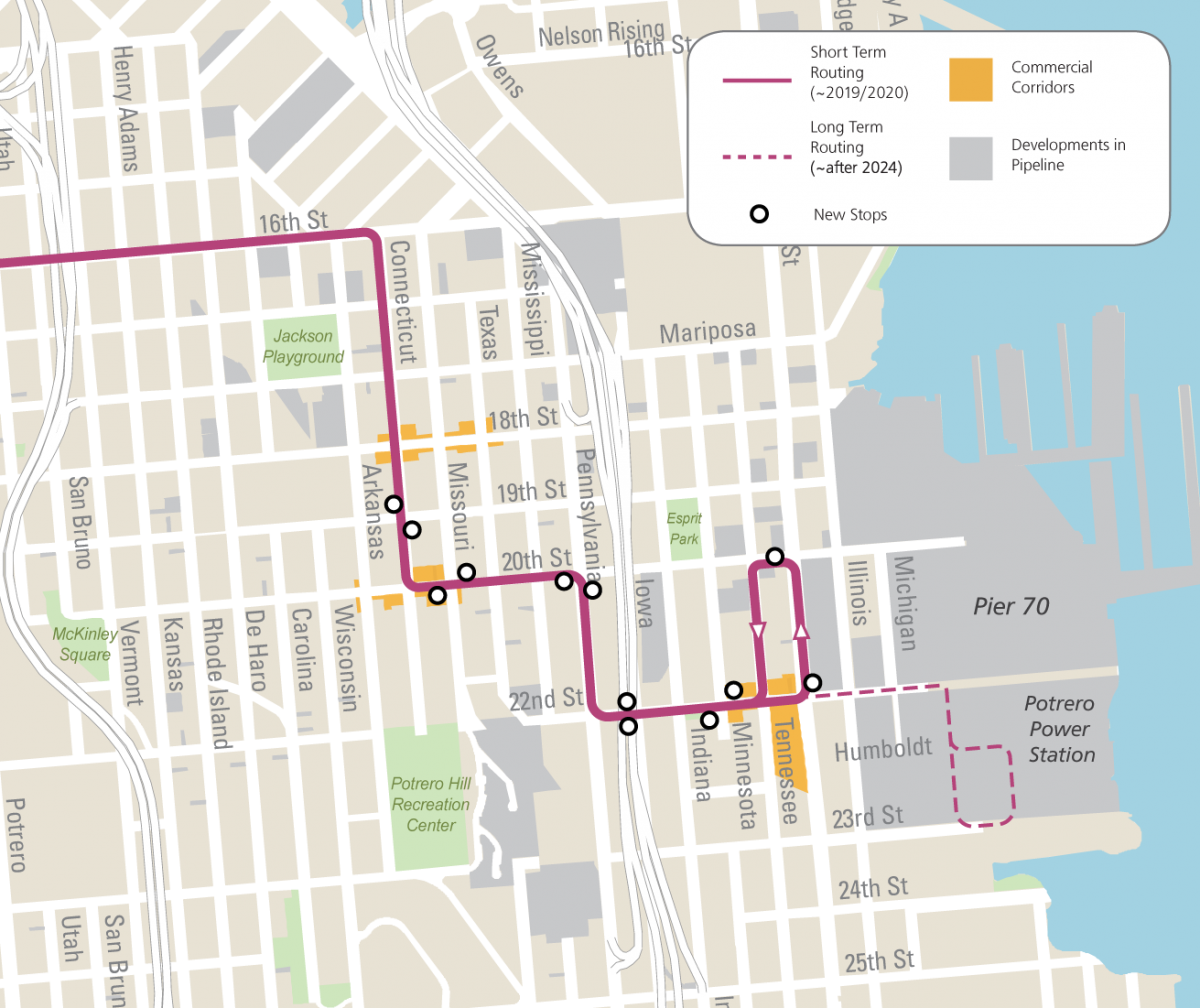 map detailing the final winning route of the 55 dogpatch. specific route details can be found at SFMTA.com/55. anticipated in 2024, the 55 dogpatch will extend east on 22nd street to the potrero power station.