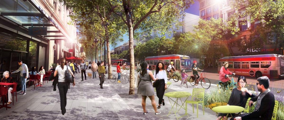 Rendering of a proposed section of the Better Market Street project highlighting sidewalk level bikeways, enhanced pedestrian areas and transit improvements.