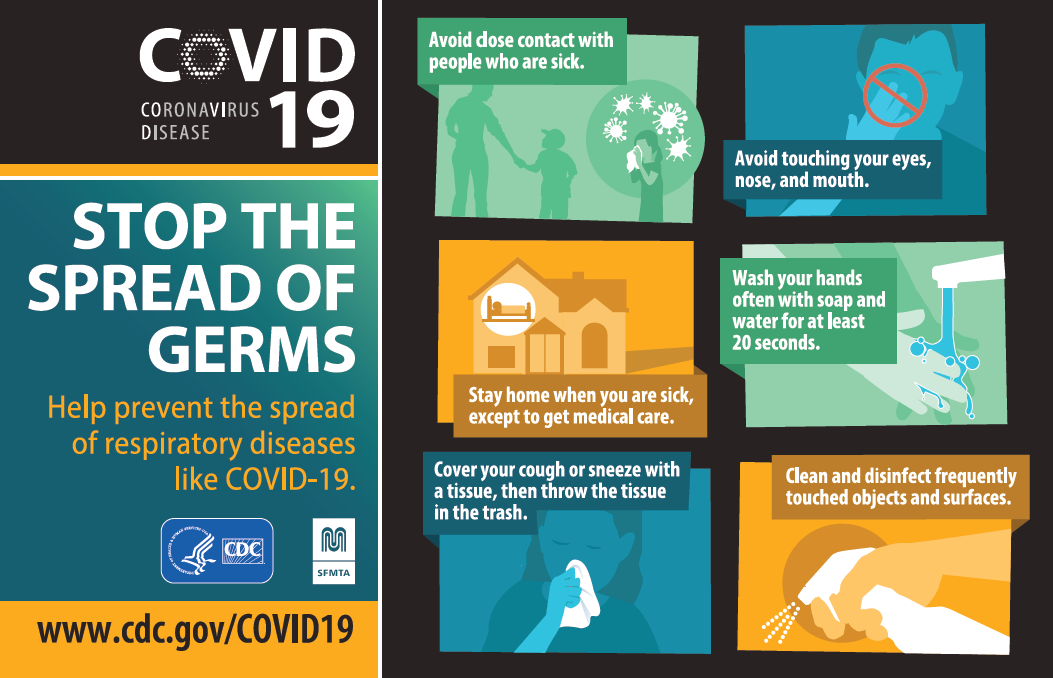 Image of COVID-19 poster that says: Avoid close contact with people who are sick. Stay home when you are sick, except to get medical care. Cover your cough or sneeze with a tissue. Avoid touching your eyes, nose and mouth. Wash your hands often with soap and water for 20 seconds. Clean and disinfect frequently touched objects and surfaces.