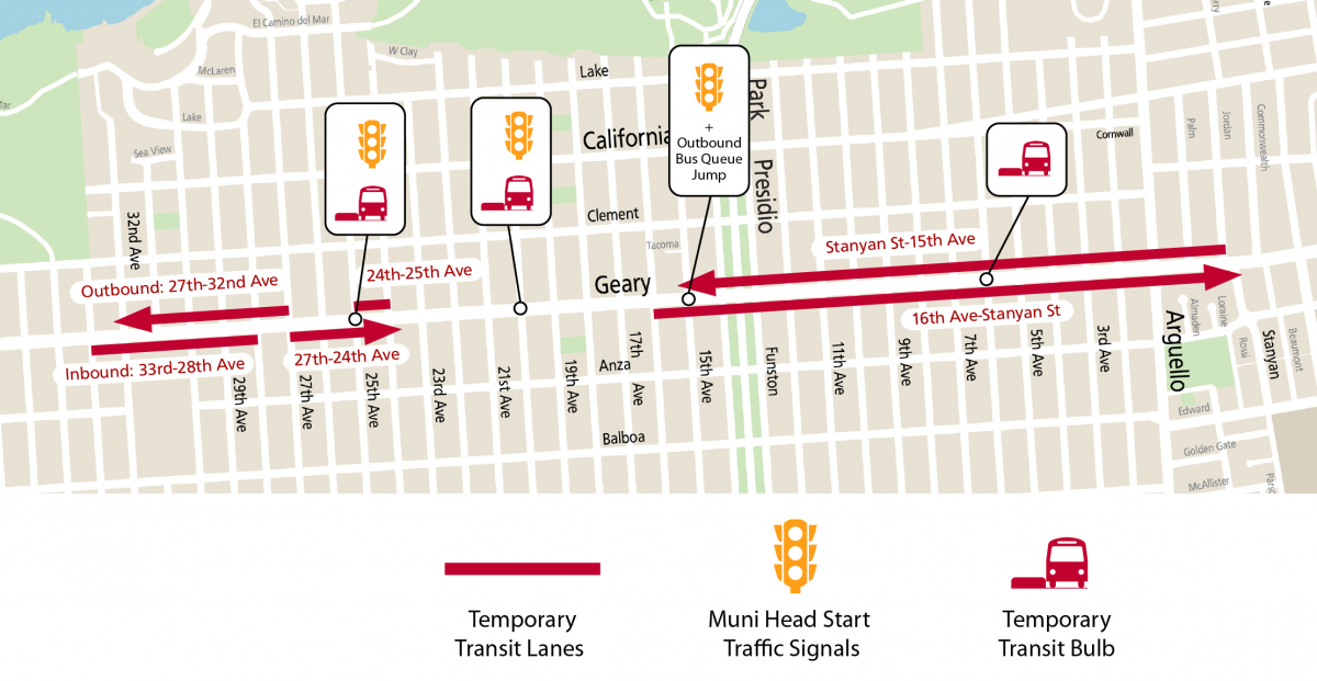 Map showing locations of proposed temporary transit lanes, Muni head start traffic signals, and temporary transit bulbs