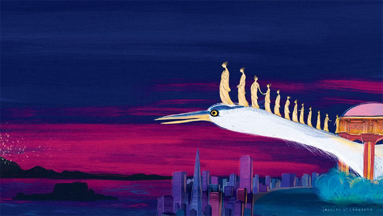 Maidens walking up a giant heron's neck stretched from the Palace of Fine Arts with the San Francisco skyline below