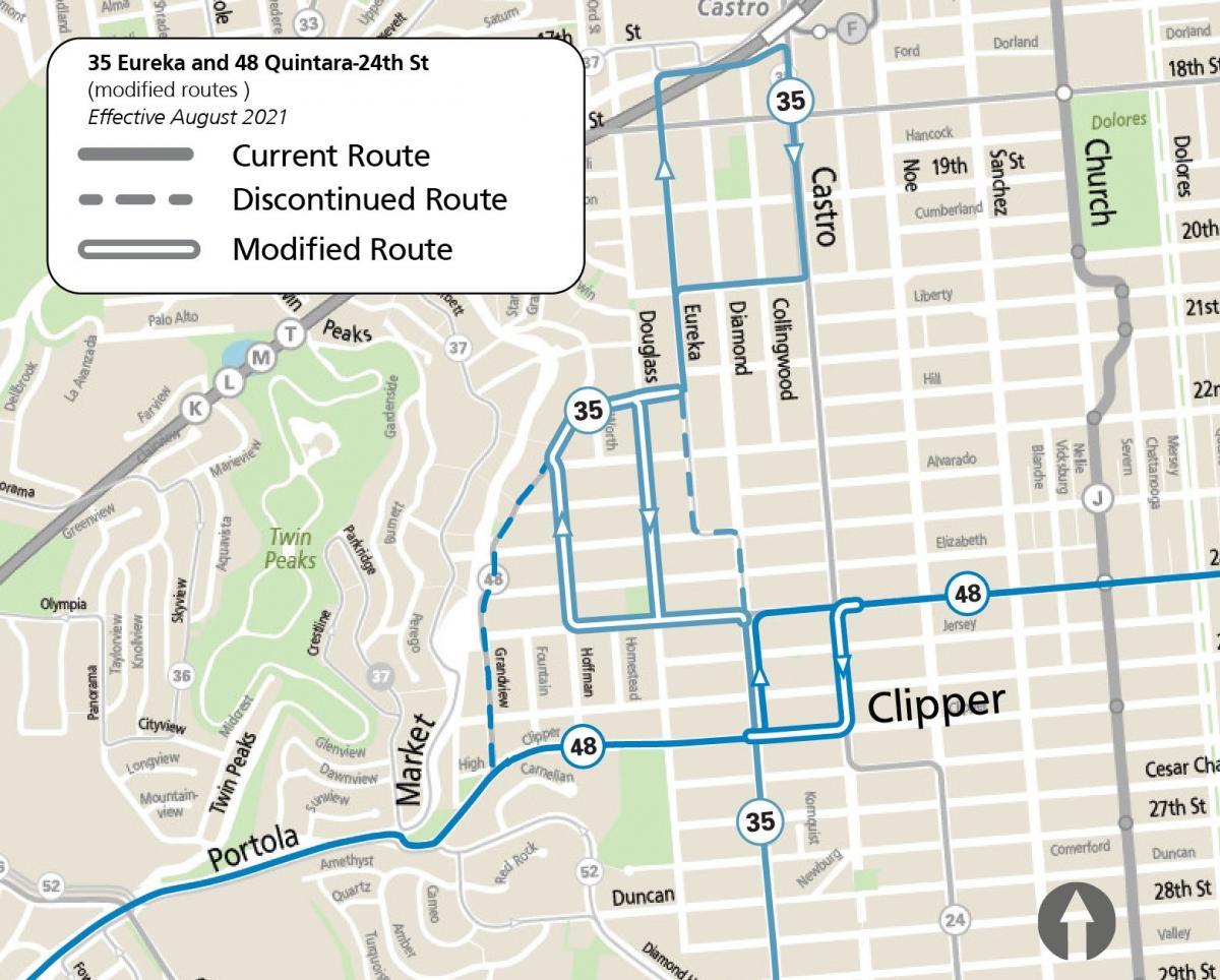 Map of the 35 Eureka reroute and the discontinued segments of the 48 Quintara/24th Street