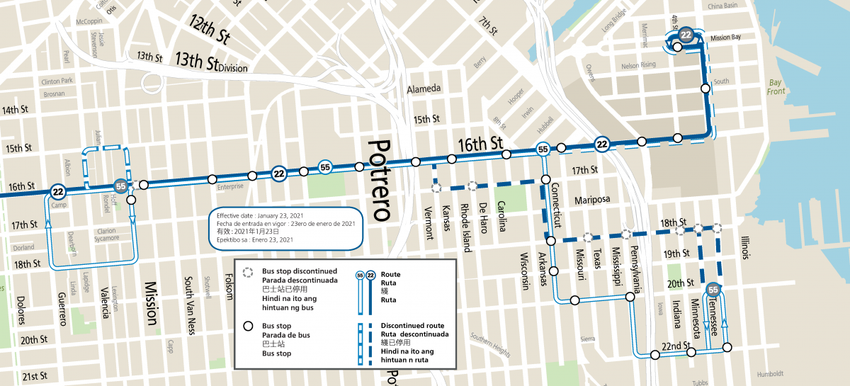 map of 22 Fillmore and 55 Dogpatch routes that began 1/23/21. for route details visit SFMTA.com/22 and SFMTA.com/55.