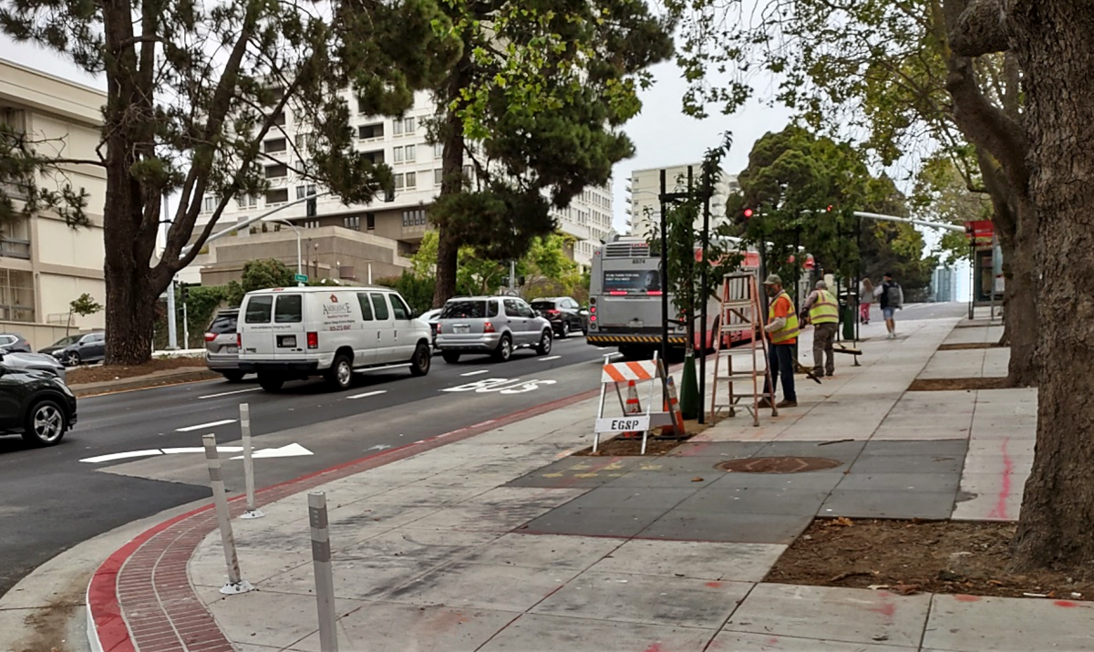 Photo: 38R Geary Rapid bus loading next to newly planted trees along Geary Boulevard at Laguna.