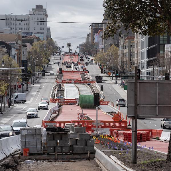 Red concrete for Bus Rapid Transit lanes has been poured along Van Ness between Union and Filbert.