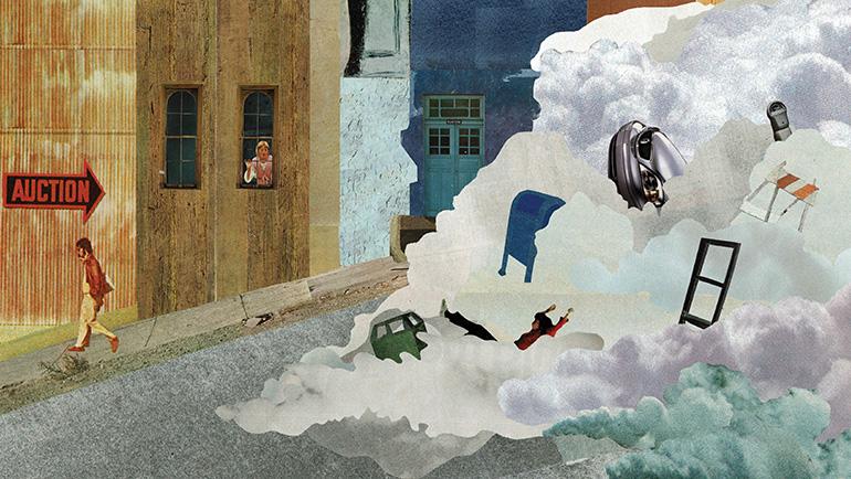 A person looks out a window to the steep street where a man walks downhill, apparently unaware that behind him the fog is sweeping a trash receptable, a mailbox, a person, a car, a parking meter, a construction-sign A-frame and a window down the hill.
