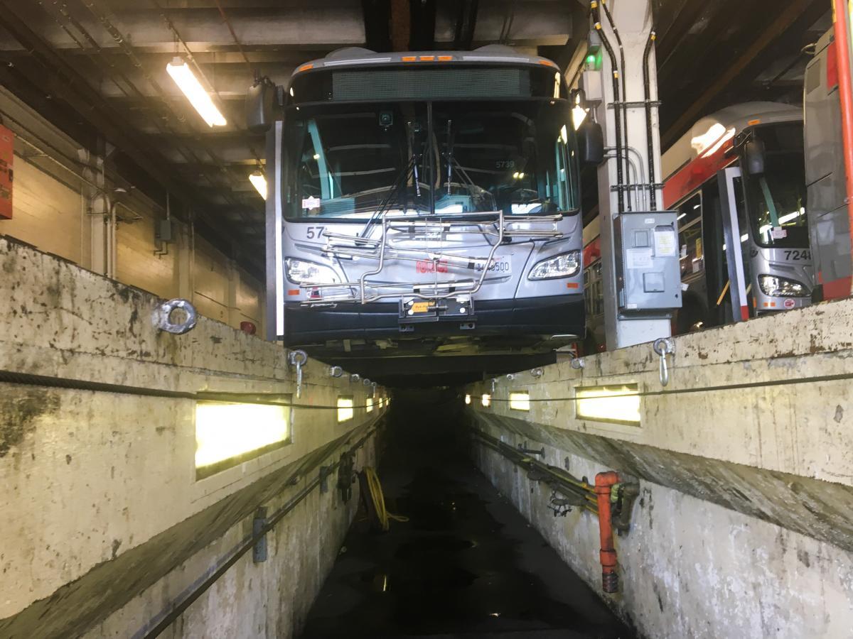 A low-angle view of one of the trenches used to work on the undercarriages of the trolley buses at Potrero Yard. Fall, 2021.