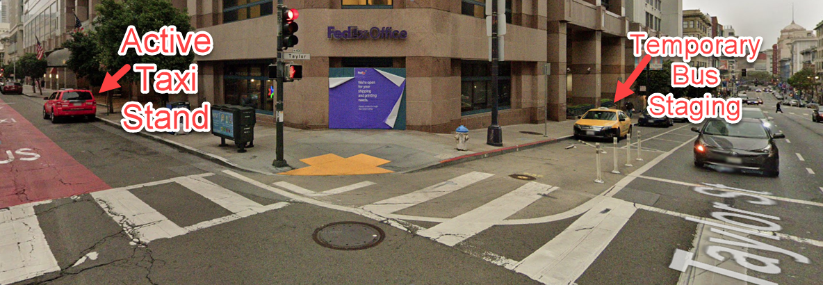 Image showing the active taxi stand and temporary bus staging on Taylor and O'Farell