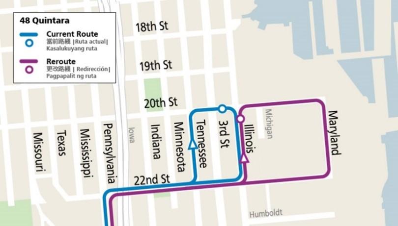 Image of two possible routes for 48 bus at its line end in the Dogpatch. The current route option shows the bus driving east on 22nd Street, north on Tennessee Street, east on 20th Street, turning back south on Third Street and finally turning westbound on 22nd Street. The reroute option shows the bus driving east on 22nd Street, north on Illinois, east on 20th Street, turning back south on Maryland Street, and finally turning westbound on 22nd Street.