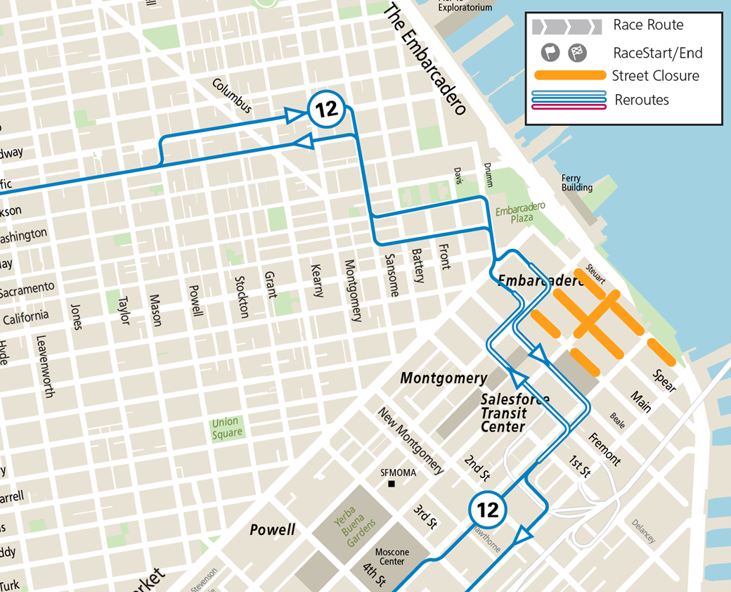 Map of 12 Folsom/Pacific reroute around downtown Bay to Breakers set-up