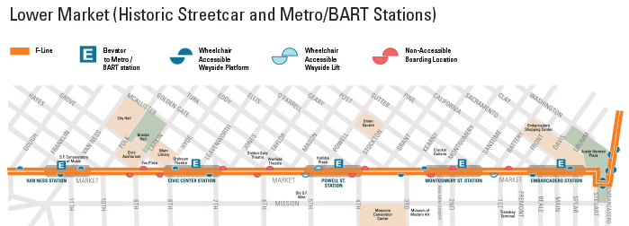 Lower Market map showing Historic Streetcar stops and Metro/BART Stations
