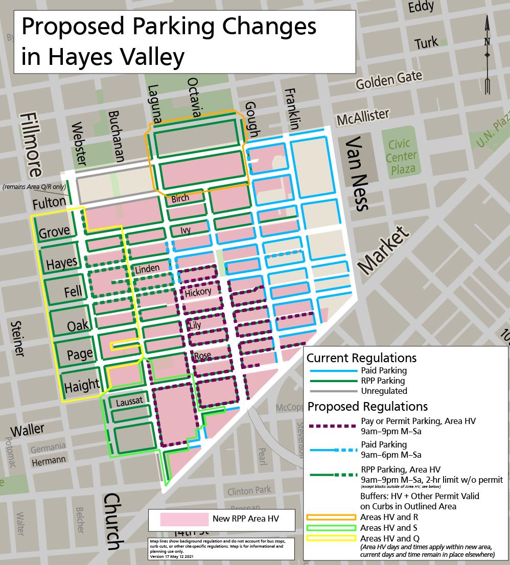 Map showing proposed parking changes in Hayes Valley. Text version of proposal available on the project webpage.