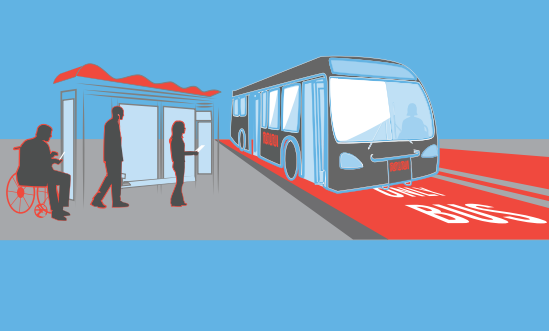 Graphic of bus with red transit only lanes