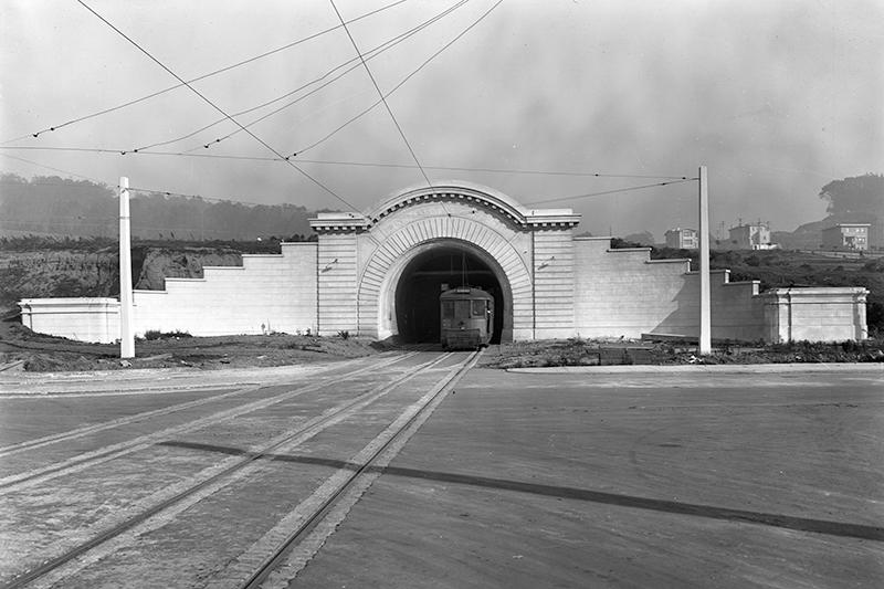 Vintage photo of a streetcar entering the Twin Peaks Tunnel