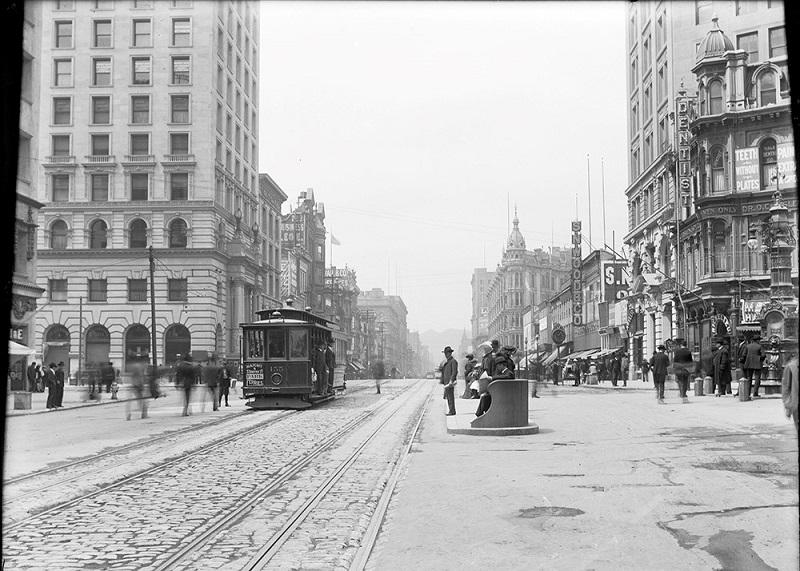A view of Market Street looking west from Geary.