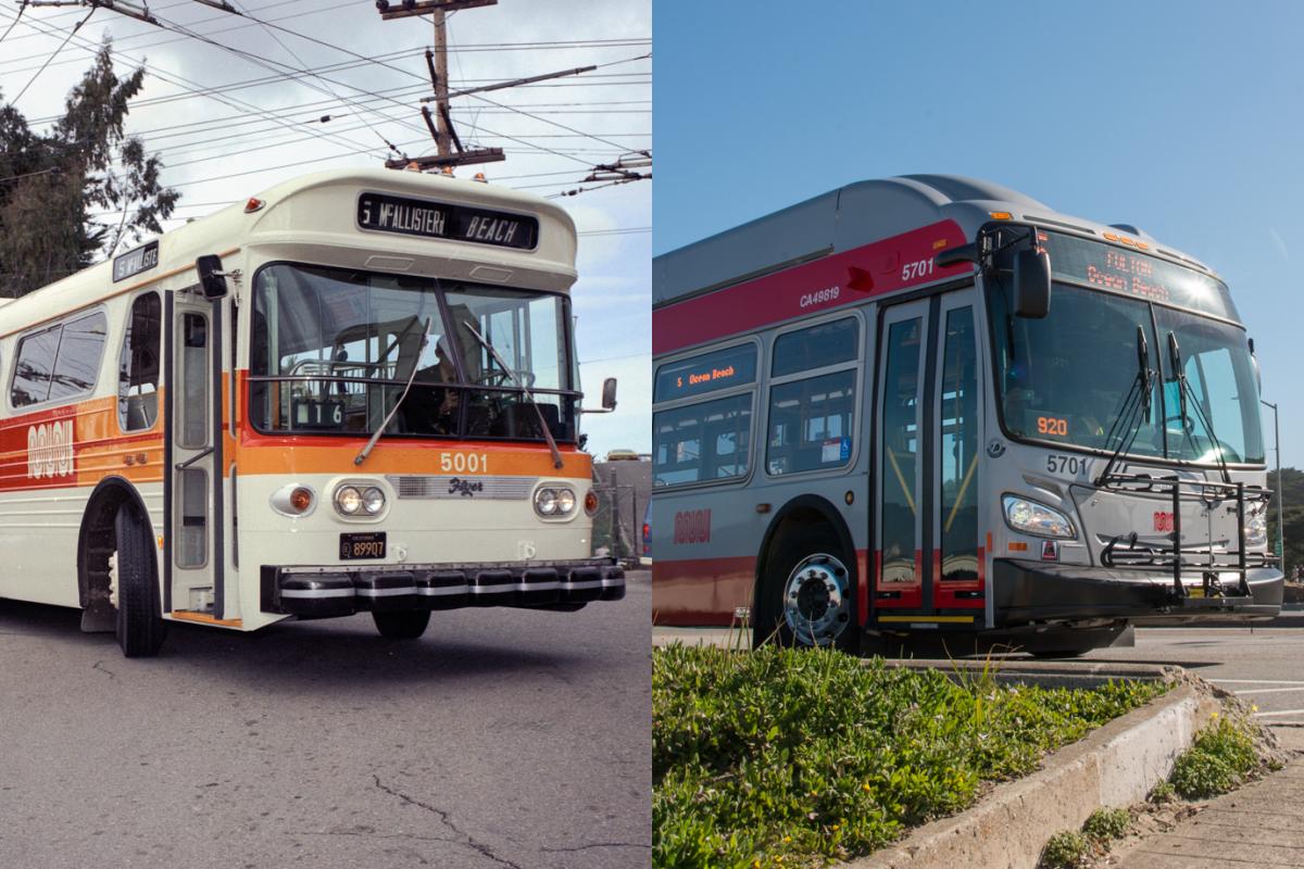 split images of 1975 and 2018 trolley coaches