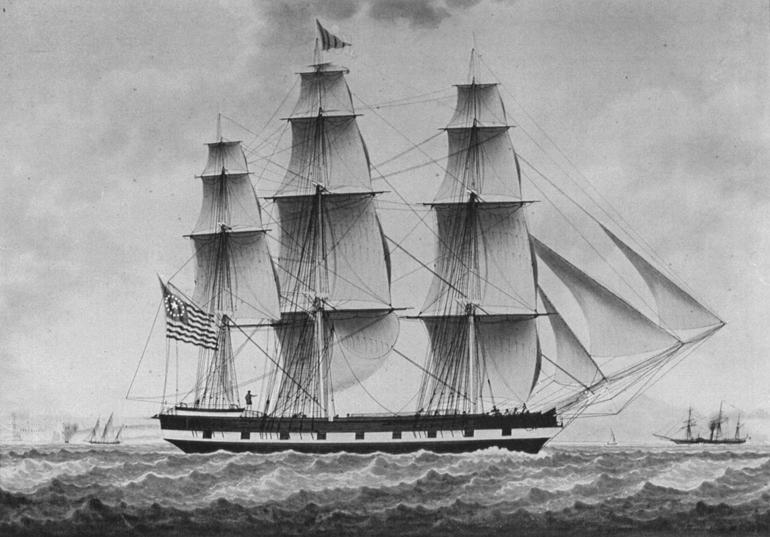 painting of sailing ship rendered in black and white