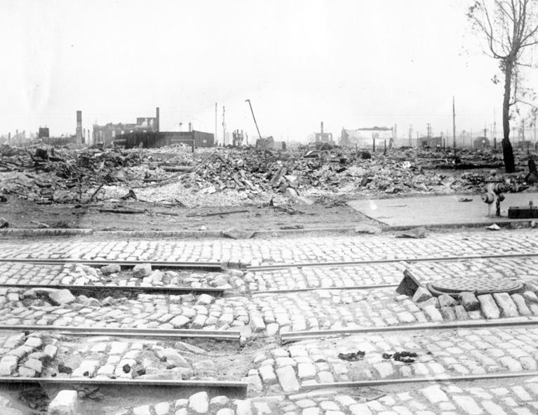 rubble and damaged streetcar tracks