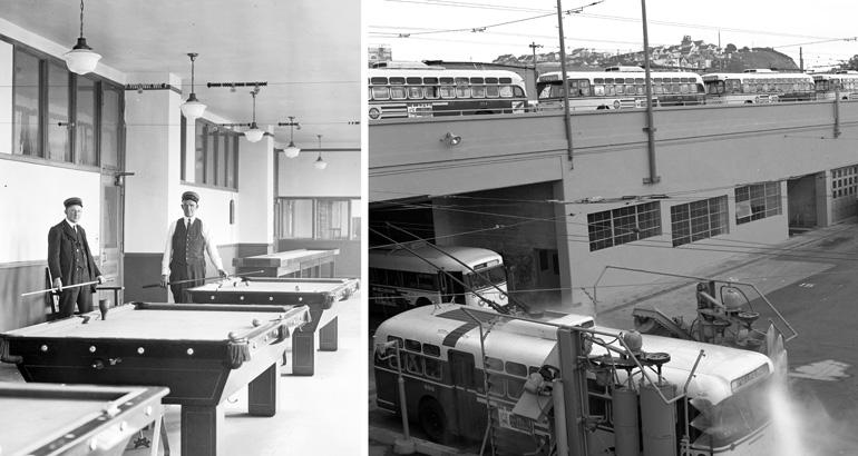 split image of men with pool table and buses at potrero yard