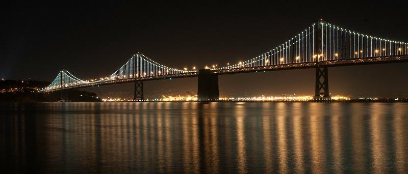 The Bay Bridge at night.