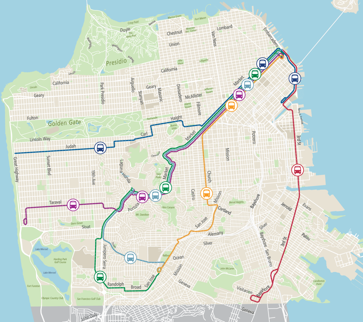 Map of Muni Metro bus substitutions 