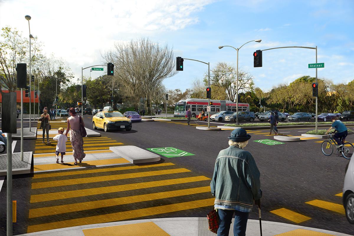 Rendering of the future Geary at Steiner with the pedestrian bridge removed and new crosswalks installed