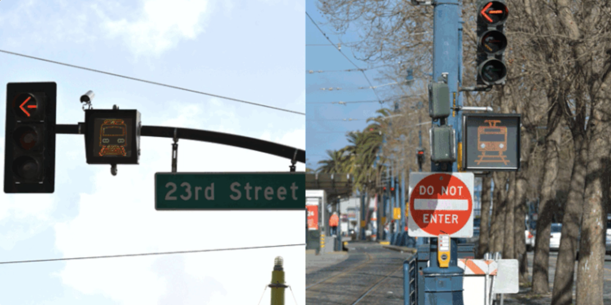 Left: traffic signal with train icon, attached to horizontal pole. Right: A traffic signal with train icon, attached to vertical