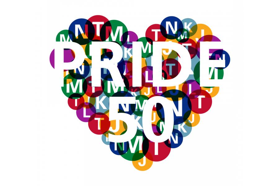 SFMTA Pride Heart with line letters in background