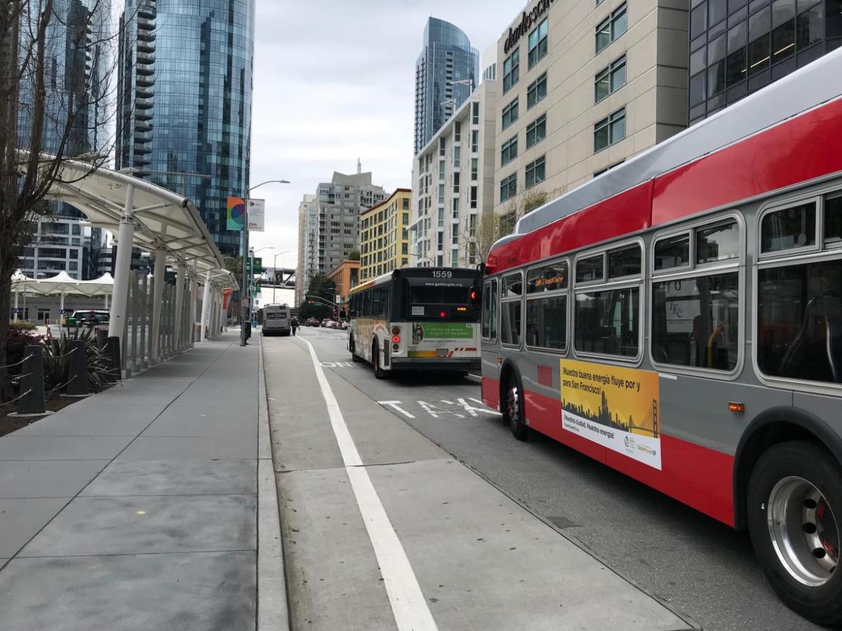 Muni and Golden Gate Transit buses on Beale Street