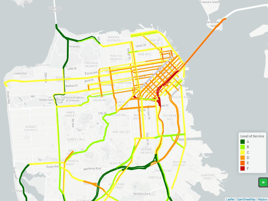 Un mapa que muestra el aumento de los niveles de congestión en la parte noreste de San Francisco.