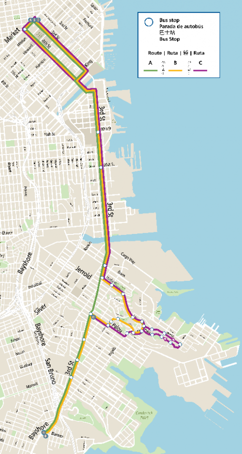 A map showing possible routes for a new express service between Bayview-Hunters Point and downtown.