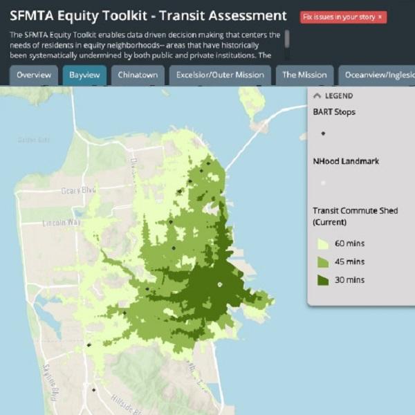 Image of SFMTA’s Equity Toolkit showing information for the Bayview neighborhood since Shelter in Place began