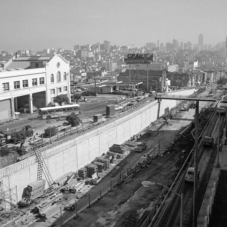 Photo of the Geary Expressway under construction near Presidio Street in the 1960s.