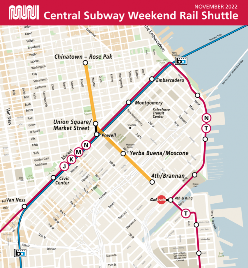 Map of existing Muni Metro system's J, K, L Bus, M, N and T lines with the new Central Subway connecting at Powell Station.