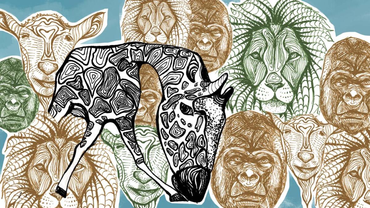 Line art flowing of faces of gorillas lions and goats in shades of brown and green, one full giraffe stands out amongst the rest