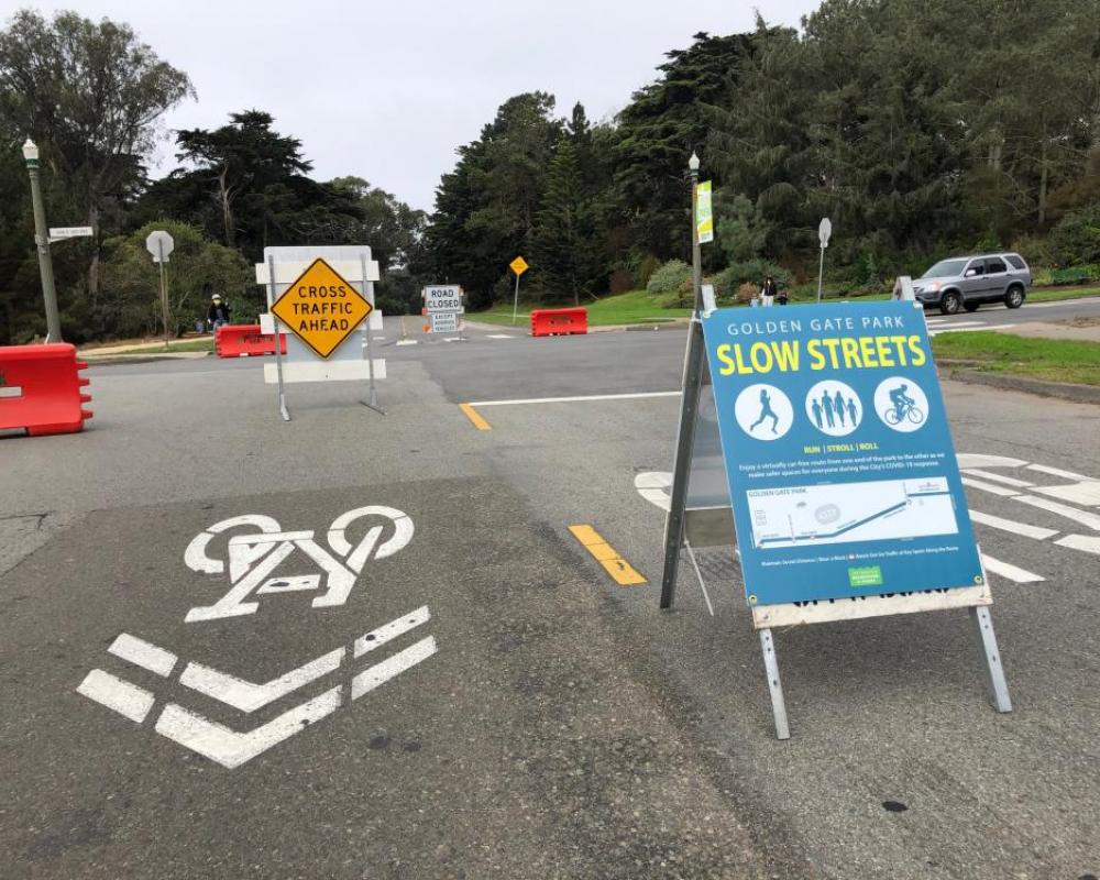 Golden Gate Park Slow Streets signs and barriers