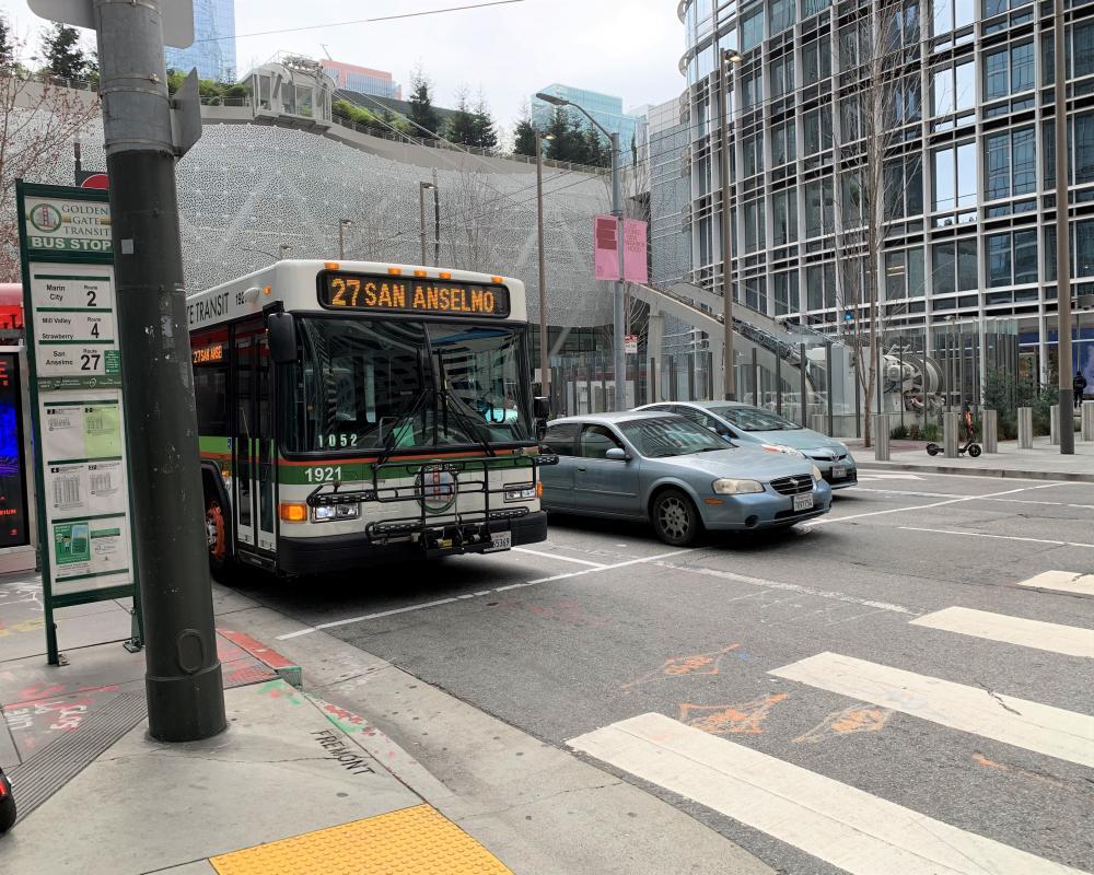Golden Gate transit bus traveling north on Fremont Street at Mission Street