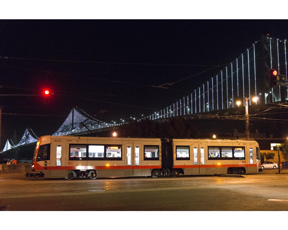 New LRV train on embarcadero at night