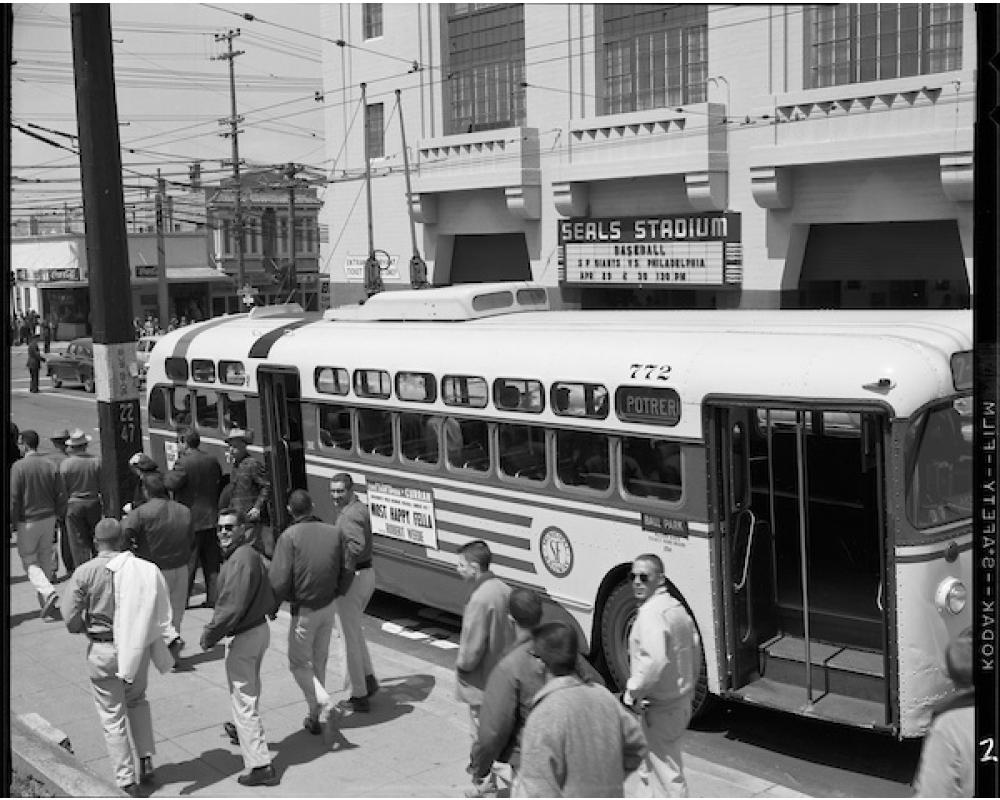 Baseball fans using Muni to get to Seals Stadium