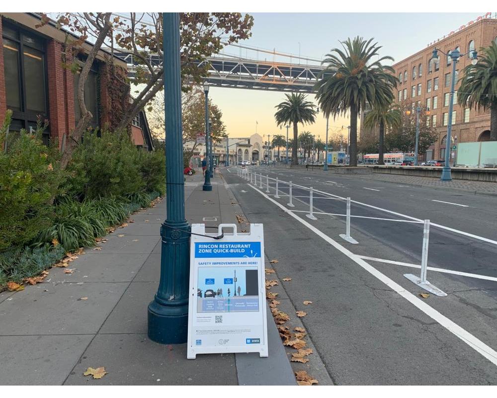 bike path with sandwitch board showing Rincon Restaurant Quick Build