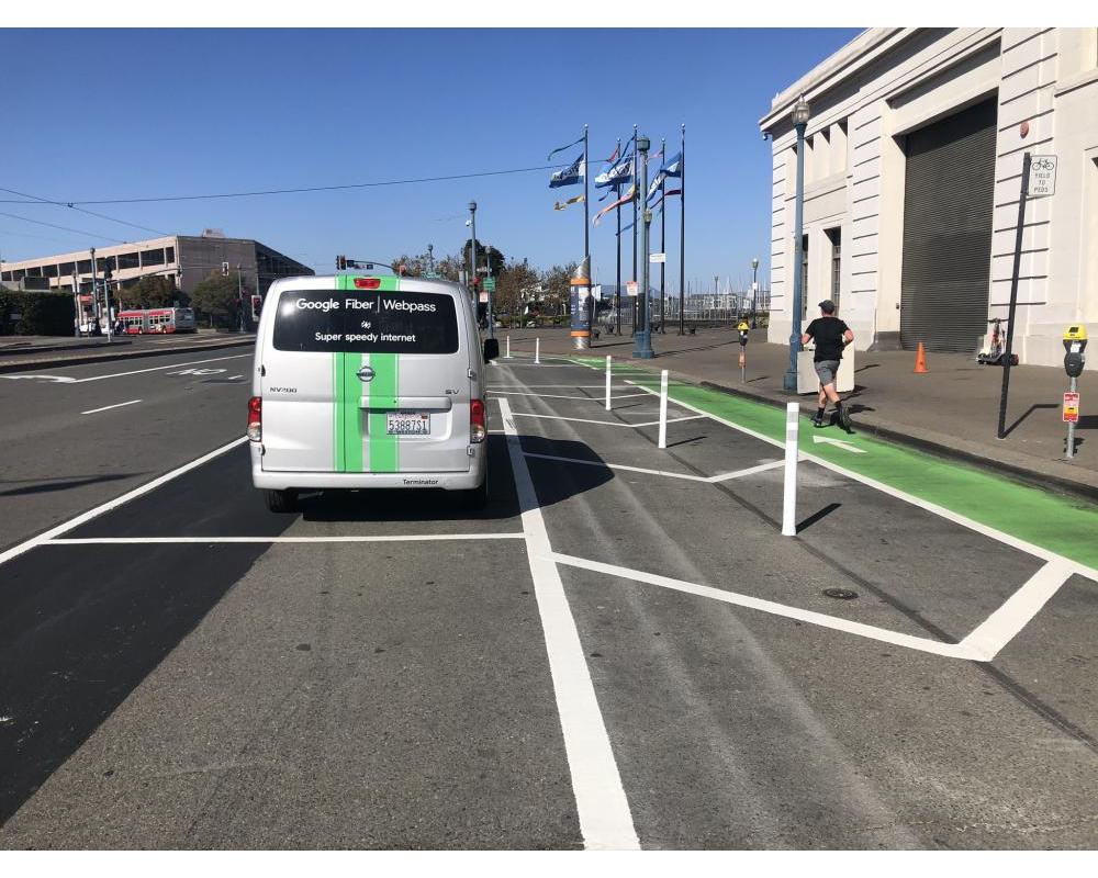 green bike path with Ferry building