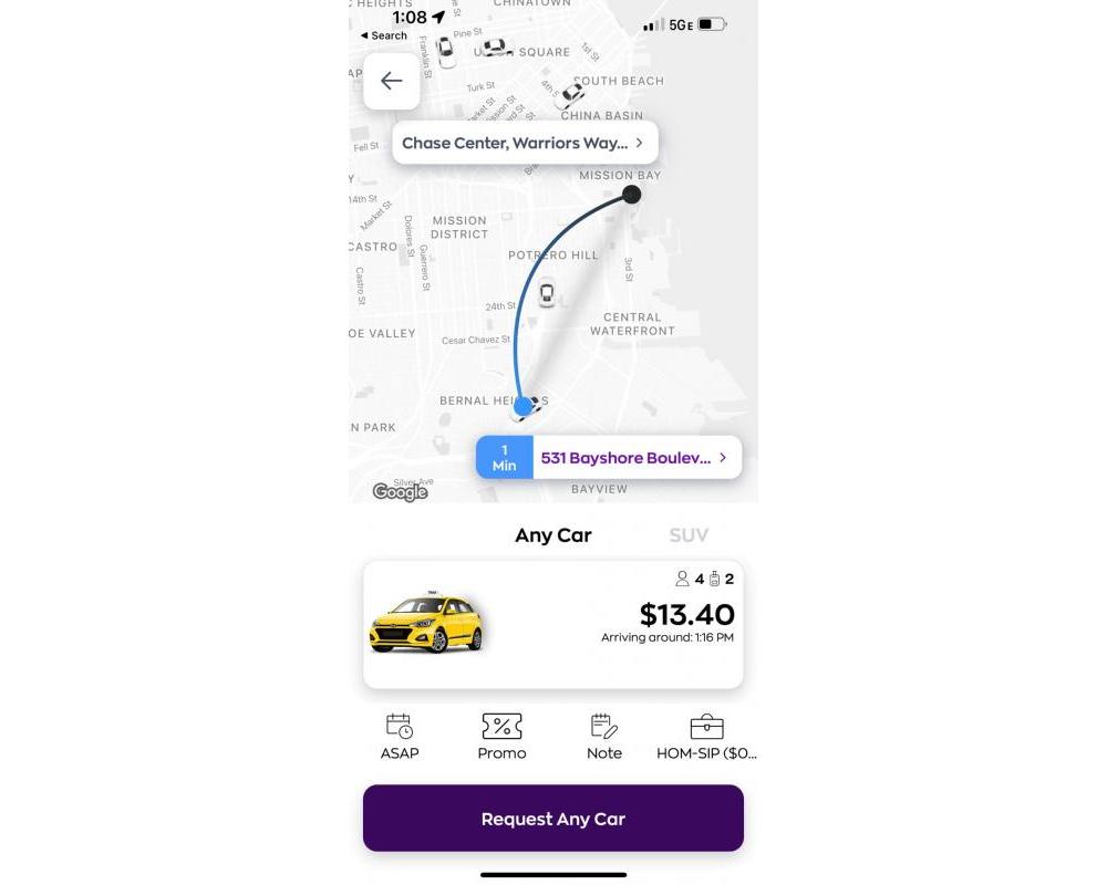 Image of YoTaxi app being used to hail a pick up