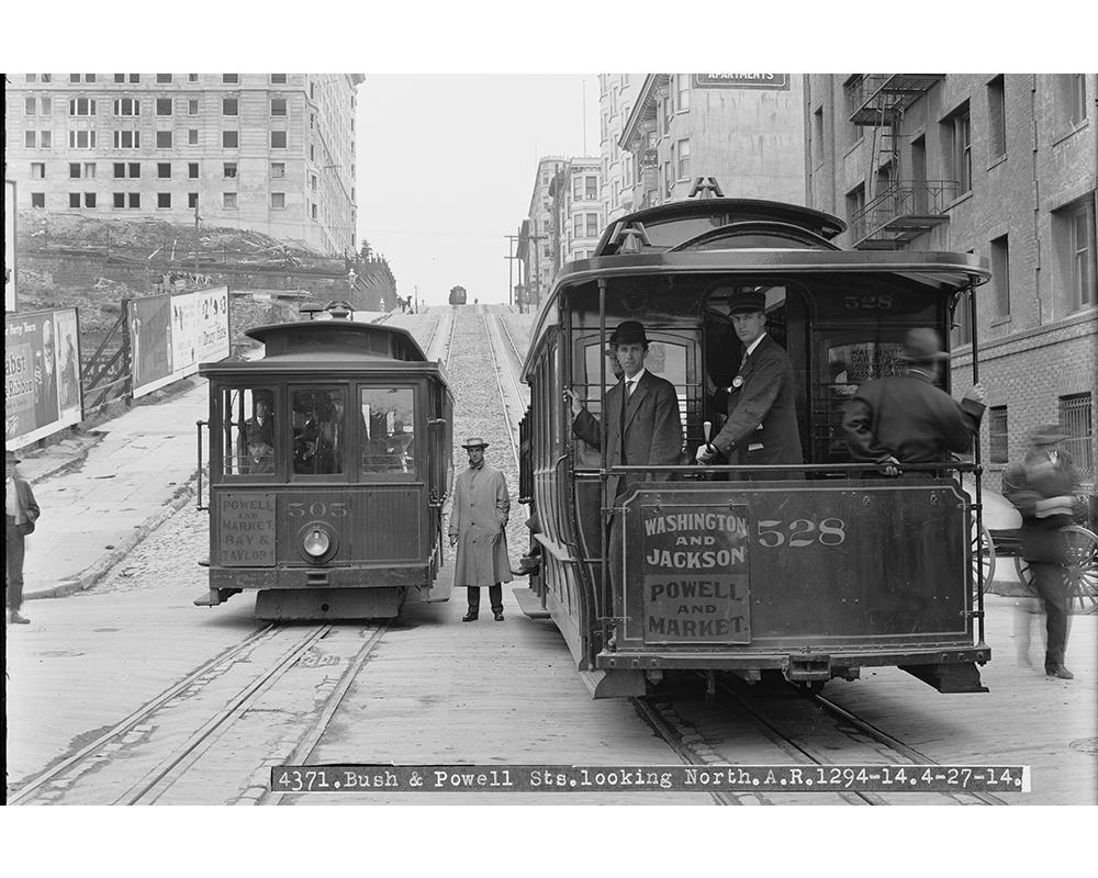 Cable Cars 505 and 528 at Bush and Powell Streets Looking North Towards Fairmont Hotel | April 27, 1914