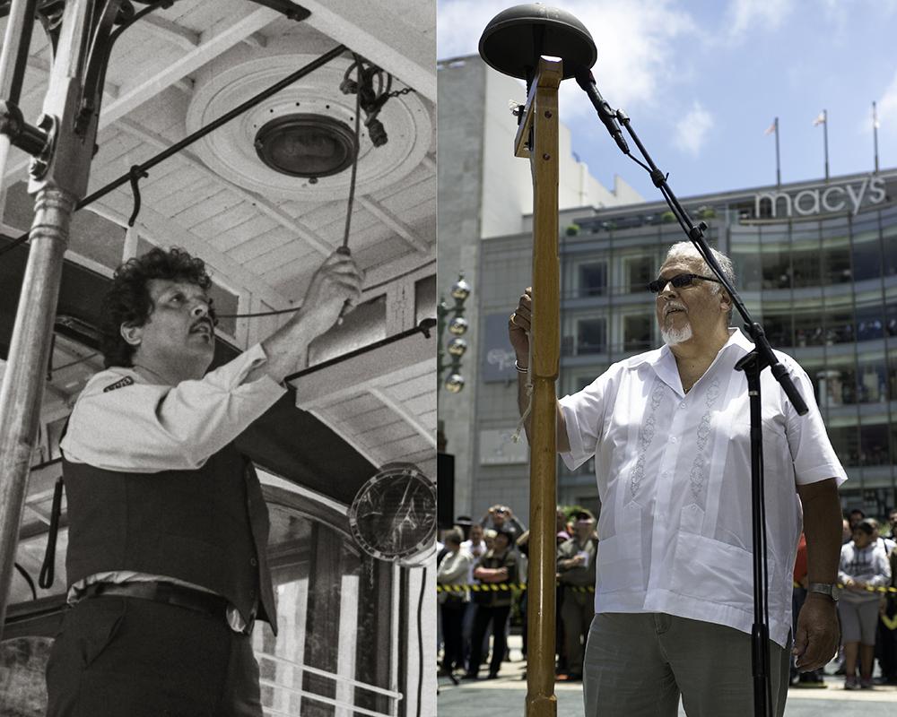 Then-and-now of champion Bell Ringer Al Quintana, left in 1982 and right in 2013, at the Annual Cable Car Bell Ringing Contest.