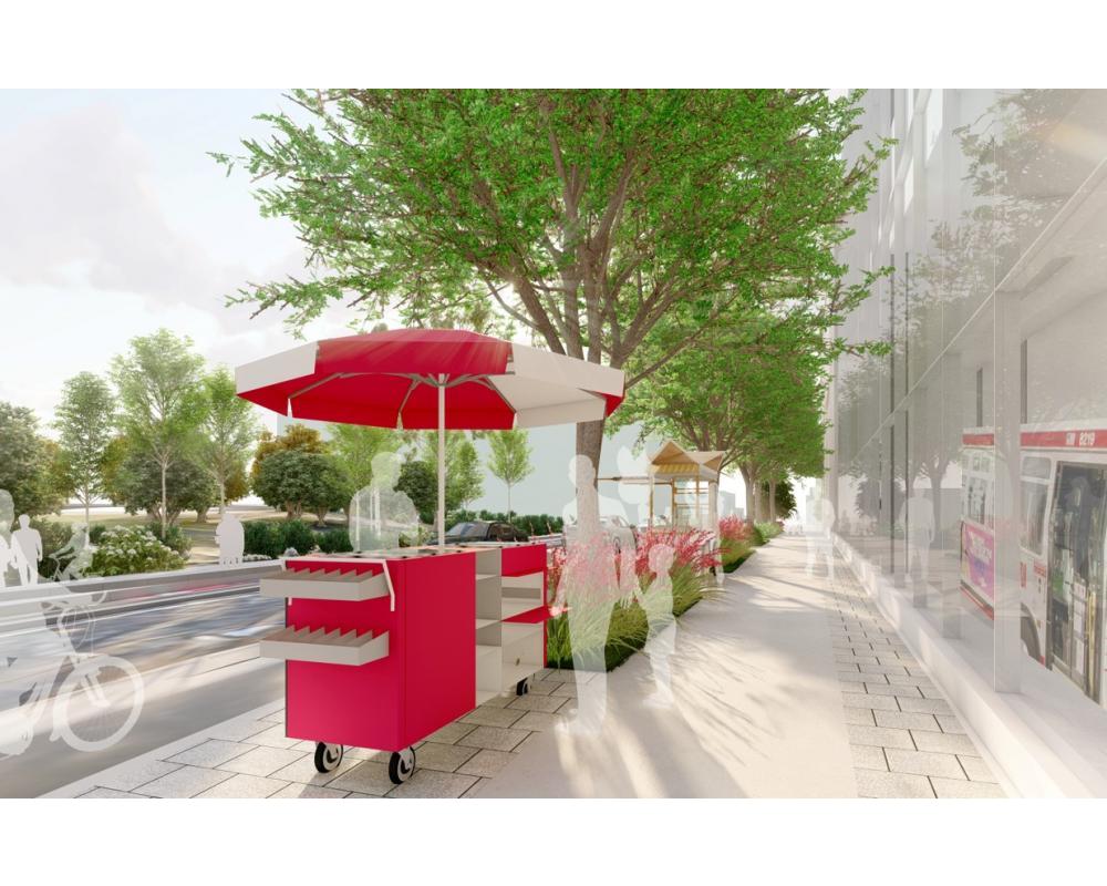 Rendering showing protected bike lane along 17th Street, and vendors using kiosk spaces along the sidewalk. 