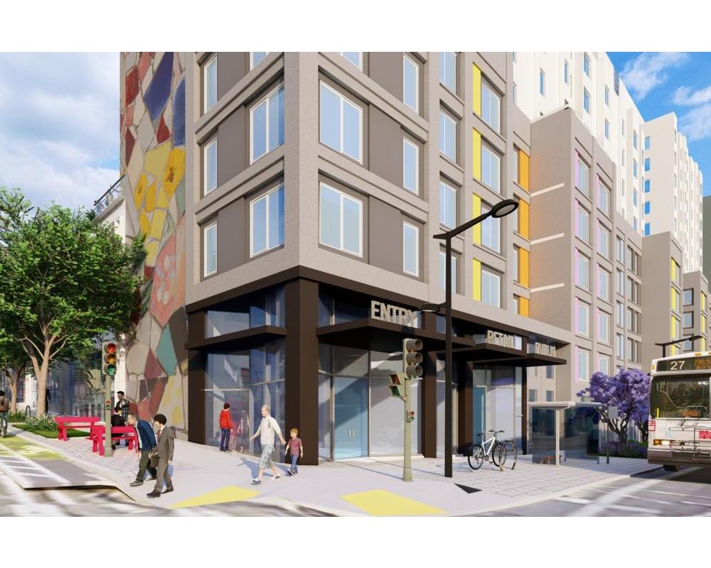 Rendering showing SFMTA entrance, public restroom and retail space at corner of 17th Street and Bryant Street