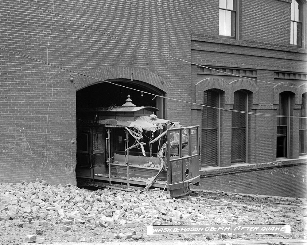 The Great Earthquake of 1906 devastated the city, including crushing this cable car outside today's Cable Car Barn and Museum. 