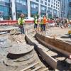 Curved formwork mark the edges of future curbs and gutters during sidewalk restoration work at 4th and Townsend.