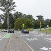 Bike and vehicle travel lanes looking west from Stanyan towards Golden Gate Park