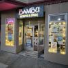 Decorative lighting in the windows of Bambu Desserts and Drinks on Geary.